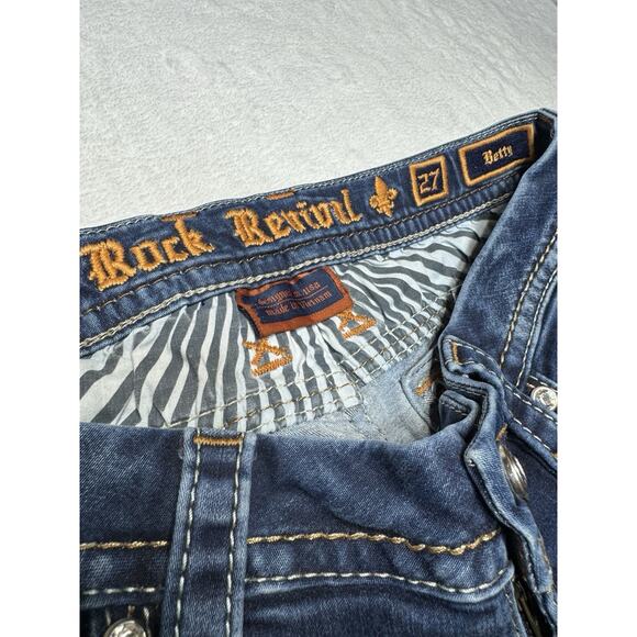 Rock Revival Womens Dark Denim Rhinestone Betty Jeans Size 27 True Size 32-34” - Picture 2 of 6